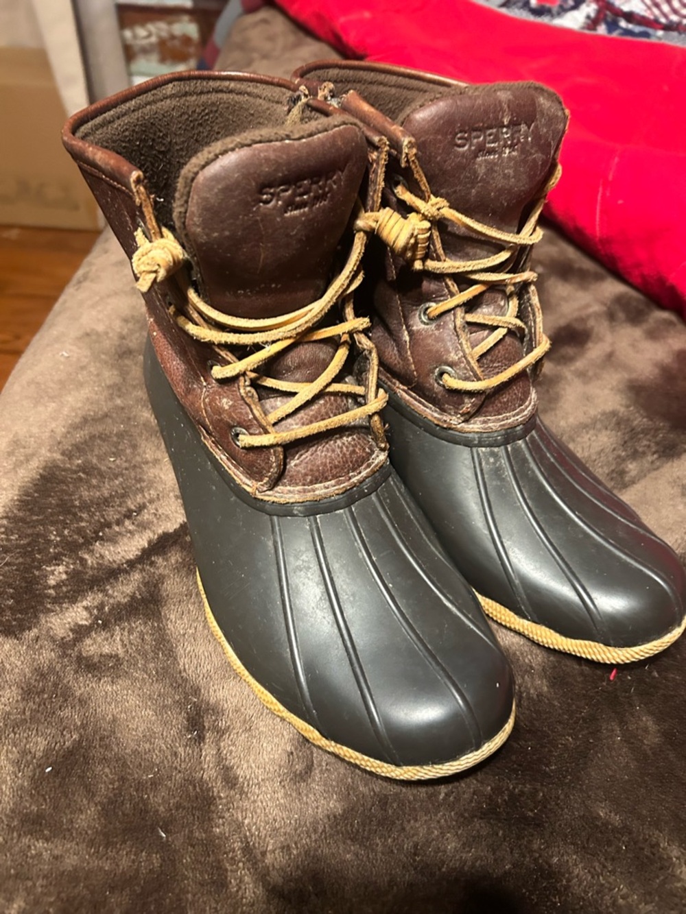 Sperry Brown Leather and Black Rubber Duck Boots with Tan Laces